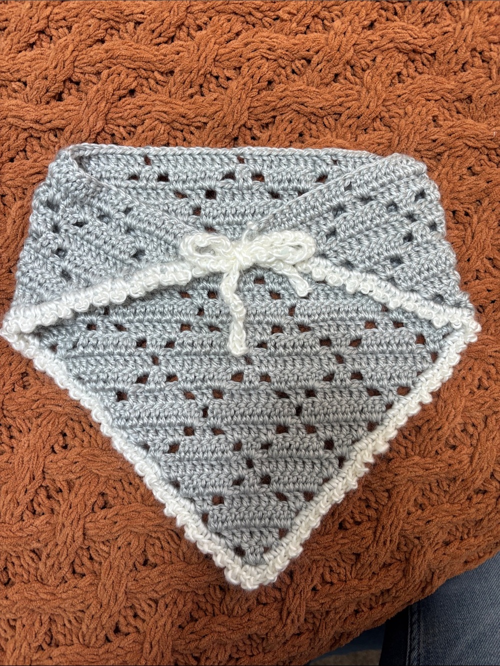 Handmade Light Gray Crochet Bandana with White Trim